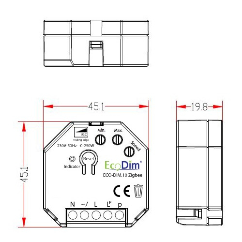 EcoDim Zigbee inbouwdimmer 250W fase afsnijding