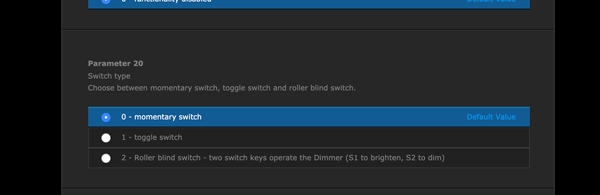 FIBARO Dimmer | Parameter 20 Setting for switch momentary